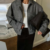 MQTIME  -  Women's Autumn Grey Zipper Outwear Jackets Solid Loose Patchwork High Waist Cropped Top Coat Streetwear Chic Casual Lady Tops