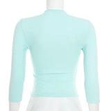  MQTIME  -  Women Light Blue 3/4 Sleeve Crop Top Front Tie Cutout V Neck Wrap Ruched Slim Fit Y2K Casual Elegant Basic Tee Shirts