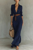 MQTIME  -  Women's Fashion Solid Holiday Party Dress Elegant Lapel Button Draped Long Dress Casual Long Sleeve Match With Belt Shirt Dress