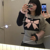 Mqtime Y2K Vintage Bow Embroidery Lace-up Long-sleeved T-shirt Women Autumn New Korean O-neck Contrast Color Patchwork Casual Tops