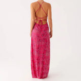 MQTIME  -  Women Beading Sequins Flower Embroidery Sleeveless Summer Cross Tied Backless Spaghetti Strap A-line Cami Long Dress