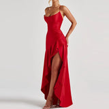 MQTIME  -  Luxury Irregular Solid Prom Gown Temperament High Waist Sleeveless Satin Dress Sexy Off Shoulder Slim Halter Long Robes