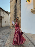  MQTIME  -  Women Fashion Dip-dye Stripe Halter Maxi Dress Elegant Sleeveless Twist Waist Tie Slim Slit Lady Summer Party Gown