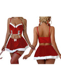 MQTIME  -  Women s Red Lace Halter Neck Babydoll Lingerie Set with G-String Thong and Matching Thigh High Stockings for Christmas Festive