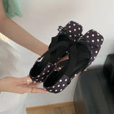 MQTIME  -  Women's Elegant Pink Satin Ballet Shoes Square Toe Cross Strap Polka Dot Bow Mary Jane Shoes Inside Mid Heel Casual Pumps