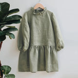  MQTIME  -  Vintage Mori Ruffled Collar Linen Dress Girls Spring And Summer Casual Solid Lantern Sleeve Long Sleeved Dresses Girl Dress
