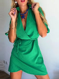 MQTIME  -  Summer Women Cotton Linen Short Dress Short Sleeve Lapel Solid Casual Dress Temperament Lacing Waist Slim Office Dress 2025