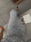  MQTIME  - Silvery Sequin Fashion Long Dress Women's Backless Slim High Waist Patchwork Elegant Party Dress Female Glitter Maxi Dress