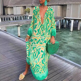 MQTIME  -  Women Maxi Dresses Summer Long Sleeve V-Neck Dress Fashion Printed Female Vacation Beach Long Dress Lady Elegant Loose  Robes