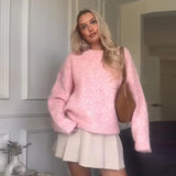MQTIME  -  Elegant Oversize Knit Women Pullover Full Sleeve O Neck Female Sweater 2024 Autumn Winter Fashion Pink Warm Soft Lady Knitwear