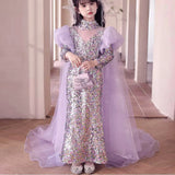 MQTIME  -  Shiny Lilac Girl Dress Sequined with Cap Kids Princess Gown for Birthday Wedding Holy Communion Party Honors Day J076