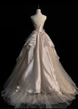 MQTIME  -  Strapless Shining Ball Gown Watteau Train Lace 3D Hand Made Flower Evening Dresses Woman Party Dress