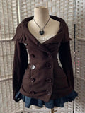 MQTIME  -  Fashionable retro Harajuku Y2K brown trend double-buttoned women's autumn/winter new style slim-fit designable hooded coat emo