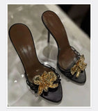 MQTIME  -  Metal Flower Cool Slippers Women's  New French Thin Strap Open Toe Empty Stiletto Sandals