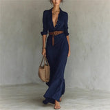 MQTIME  -  Women's Fashion Solid Holiday Party Dress Elegant Lapel Button Draped Long Dress Casual Long Sleeve Match With Belt Shirt Dress