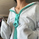 MQTIME  -  Women American Retro Hooded Color Block Big Zipper Sweatshirt Autumn Thin High Street Casual Versatile Sports Cardigan