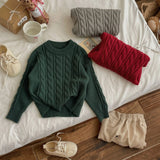  MQTIME  -  Girls Sweater Autumn Winter Children Cotton Solid Thicken Warm Baby Pullovers Retro Loose Round Collar 2-8Y Kids Boy Knitwear