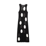  MQTIME  -  Autumn Women's Elegant Knitted Polka Dot Printed Midi Dress Round Neck Sleeveless Slim Fit Women's Casual Retro Long Vest Dress