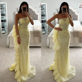 MQTIME  -  Stunning Yellow Mermaid Prom Dress Crystal Strapless Evening Dresses Elegant Side Ruffle Formal Dresses for Women