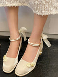 MQTIME  -  White Vintage Mary Janes Shoes Women String Bead Elegant Sweet Pumps Shoes Female Solid Lace-up Princess Fairy Shoes 2024 New