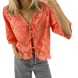 MQTIME  -  Women s Short Sleeve V-Neck Hollow Out Casual Blouse Tie Front Solid Color Loose Fit Summer Top Streetwear Fashion
