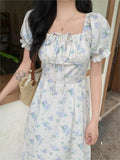 MQTIME  -  2024 Summer Elegant Puff Sleeve France Dress Female High Waist Slim Floral Print Holiday Midi Dress Women One Piece Beach Dress