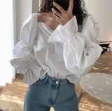 MQTIME  -  Spring Korean Fashion Vintage Solid Square Collar T Shirt Casual French Style Neckline Shoulder Loose Puff Sleeve High Street