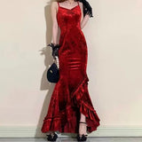 Mqtime Vintage Elegant Women Spaghetti Strap Sexy Prom Dress Strapless Bodycon Slim Red Dinner Party Long Dresses  Female Summer