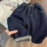 MQTIME  -  Kids Boys Jeans New Winter Solid Color Plus Fleece Toddler Kids Girls Harem Pant New Winter Plaid Little Boys Demin Pant