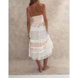 MQTIME  -  Women's Boho Floral Smocked Maxi Dress Y2k Patchwork Lace Layered Long Beachwear Dresses Casual Flowy Summer Sundress