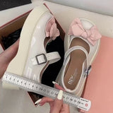 MQTIME  - Sweet Girls Bow Thick Sole Wedge Mary Jane Pu Leather Shoes Women Fashion New Retro Japanese Kawaii Cute Lolita Shoes