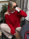 MQTIME  -  Casual Knitted Twist Sweaters Women Flare Long Sleeve O-neck Side Split Female Red Pullover 2024 Autumn Winter Chic Knitwear