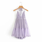 MQTIME  -  Sexy Backless Lace Halter Dress Summer femme V Neck Mini Party Dress Ruffle Lace Up Back Beach Sundress