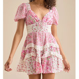 MQTIME  -  Women Summer Floral Patchwork Mini Dress Y2k Aesthetic V Neck Tie Back Tiered Ruffle Dress Bohemia Layered Swing Short Dress