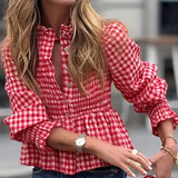 MQTIME  -  Fashion Stand Collar Commuting Blouse Women Causal Puffed Long Sleeve Slim Office Shirt Elegant Plaid Print Single breasted Tops
