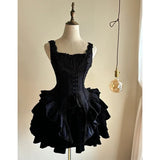 MQTIME  -  Retro Hepburn Wind Black Sling Fishbone Waist Trimming Ruffles Dress