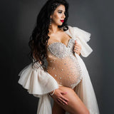 MQTIME  -  Sexy Luxury Pregnant Photography Bodysuit Heavy Industry Embroidery Water Diamond Pearl Maternity Clothing See-through Blouses