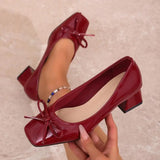 MQTIME  -  Elegant Ballet Wine Red Bowknot Medium Heel Pumps Women Summer Classic Square Toe Thick Heel Pumps Women Black Office Shoes