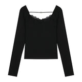 MQTIME  -  V-neck Strapless Lace Splicing Slim Long-sleeved T-shirt Women 2025 Spring New Korean Fashion All Match Black Tops