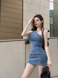 MQTIME  -  Summer New One Shoulder Bodycon Denim Mini Dress Women Sleeveless Backless Slim Vestidos Female Elastic Cowboy Clothing
