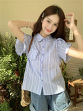 MQTIME  - Japanese Style Short Sleeved Shirt for Women Spring Summer New Small Figure Niche Plaid Top Sweet Girls Blouse Cute Y2k Blusa