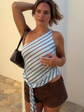 MQTIME  -  Striped One Shoulder Tops Women Casual Sleeveless Tie Waist Slim Fit Asymmetric Short Blouses Lady Chic Daily Street Wear