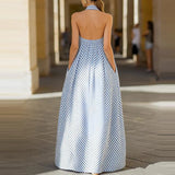 MQTIME  -  Spring Criss-cross Halter Backless Women Dress Fashion Striped Print Hollow Long Party Dress Summer Sleeveless Pocket Maxi Dress