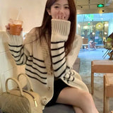 MQTIME  -  Women Lazy Style Sweater Spring Autumn Thick Soft Knitted Warm Cardigan Academia Striped Outerwear Top