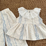 MQTIME  -  New Summer Korean Style Children Clothes Suit Sleeveless Cotton Flower Printed Shirt+Pants Baby Girls Clothing Set