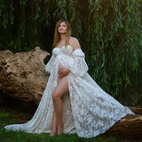 MQTIME  -  Illusion White Maternity Dress for Pregnancy Sweetheart Full Sleeves Slit Gala Gown Customized Lace PhotoBabyShower Gowns