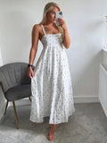 Mqtime Summer Dress Women Tiered Hem Embroidery Casual Midi Dress Straight Neckline Sleeveless Spaghetti Strap Cotton White Dress