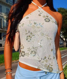 MQTIME  -  Chic White Sequined Halter Backless Top Women Fashion Floral Embroidered Asymmetric Hem Mini Tops New Lady Party Clubwear