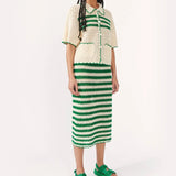 MQTIME  -  New Trendy Womens Striped Knit Two Piece Set Lapel Hollow Out Short Sleeve Top with Skirt Fashion Summer Outfit