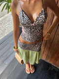 MQTIME  -  Fashion Leopard Skirt Set Women Sexy V-neck Sleeveless Cropped Slim Vest Asymmetrical Midi Skirt Suit Lady Vacation Outfits